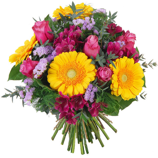 Bouquet gerberas jaunes roses violets fleurs fraîches florajet vu sur le comparateur de fleurs bloomyrama