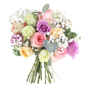 Bouquet quinze roses pastel gypsophile eucalyptus Fleur de rose Florajet comparateur de fleurs bloomyrama