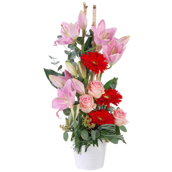 Composition florale en hauteur lys roses germinis rouges roses florajet vu sur le comparateur bloomyrama