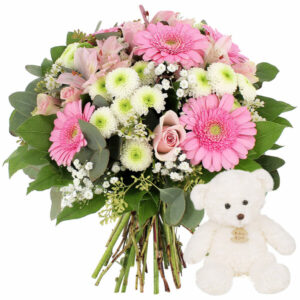 Bouquet Prélude fleurs roses blanches avec peluche florajet vu sur le comparateur de fleurs bloomyrama