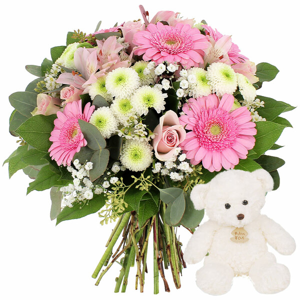 Bouquet Prélude fleurs roses blanches avec peluche florajet vu sur le comparateur de fleurs bloomyrama