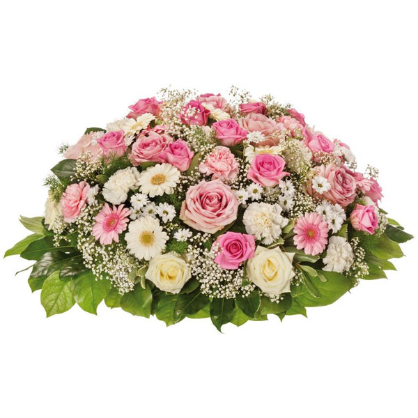 Coussin funéraire Eternelle candeur en fleurs roses et blanches florajet disponible sur le comparateur bloomyrama
