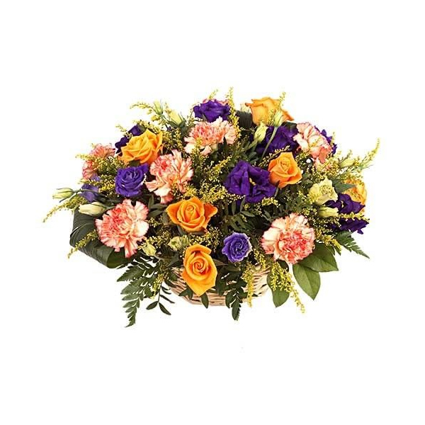 Panier floral aux fleurs roses mauves et orange pour hommage funéraire florajet disponible sur le comparateur bloomyrama