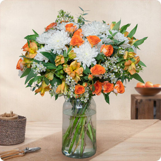 Bouquet Mandarine roses orange chrysanthèmes blancs alstroemeria feuillage 123fleurs disponible sur bloomyrama