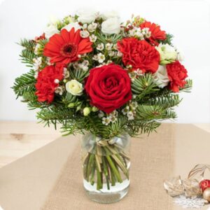 Bouquet Santa roses rouges œillets roses blanches wax sapin 123fleurs disponible sur bloomyrama