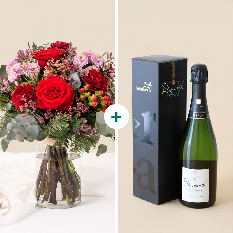 Bouquet rouge et rose avec roses eucalyptus et pommes de pin avec champagne Interflora disponible sur le comparateur bloomyrama