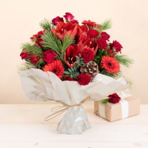 Bouquet rouge avec amaryllis roses et pommes de pin livré en bulle deau pour Noël Interflora disponible sur le comparateur bloomyrama