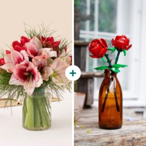Coffret Duo Amaryllis et Roses LEGO cadeau floral créatif et durable livraison par Interflora sur le comparateur de fleurs bloomyrama