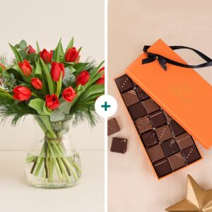 Coffret tulipes rouges et chocolats Louis cadeau floral et gourmand livraison par Interflora sur le comparateur de fleurs bloomyrama