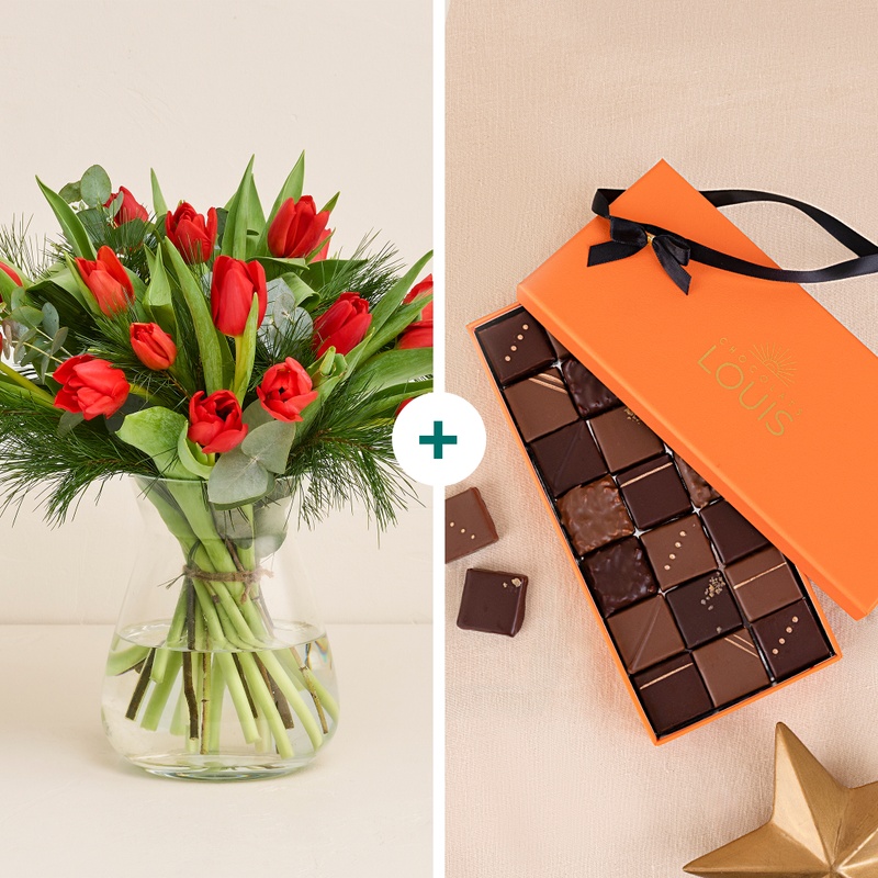 Coffret tulipes rouges et chocolats Louis cadeau floral et gourmand livraison par Interflora sur le comparateur de fleurs bloomyrama