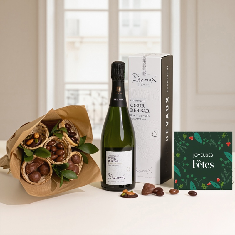 Coffret Joyeuses Fêtes chocolat et champagne cadeau pétillant et raffiné livraison par Interflora sur le comparateur de fleurs bloomyrama