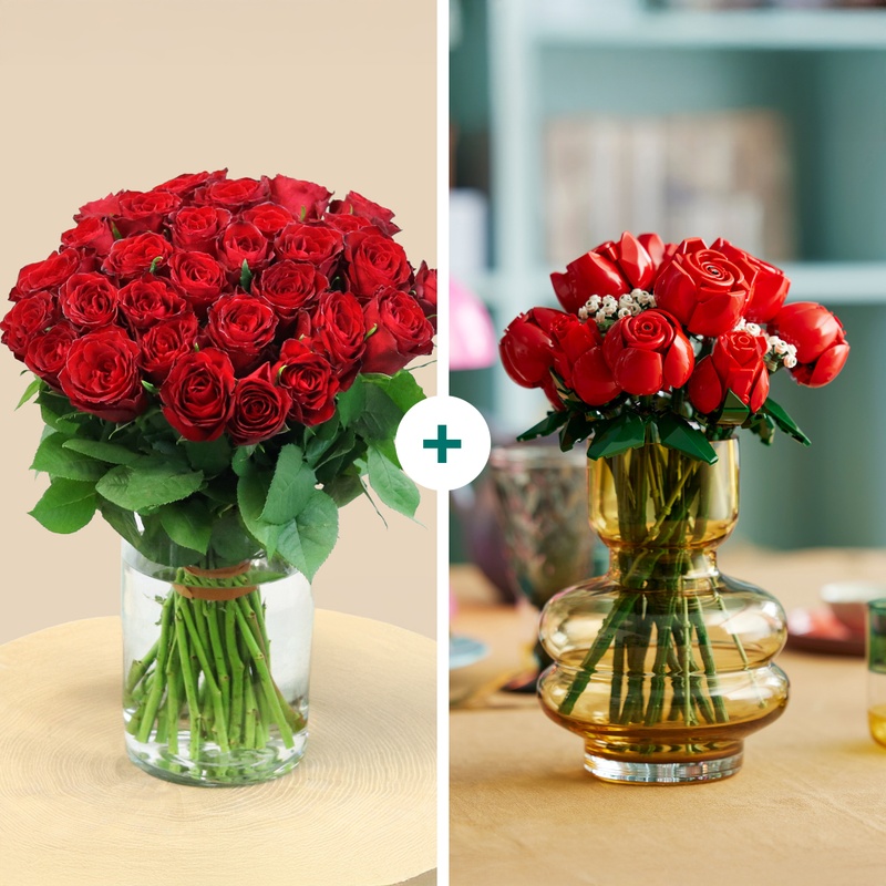 Duo Premium de Roses LEGO Interflora roses fraîches et roses design livraison par Interflora sur le comparateur de fleurs bloomyrama
