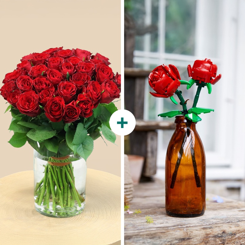 Petit Duo de Roses LEGO Interflora, roses fraîches et roses à construire, livraison par Interflora sur le comparateur de fleurs bloomyrama