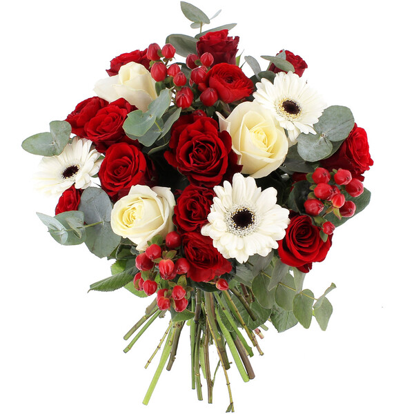 Bouquet Éclat givré aux fleurs rouges blanches et vertes florajet disponible sur le comparateur bloomyrama