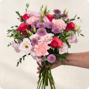 Bouquet anniversaire rose violet vert avec roses et fuchsia 123fleurs disponible sur le comparateur bloomyrama