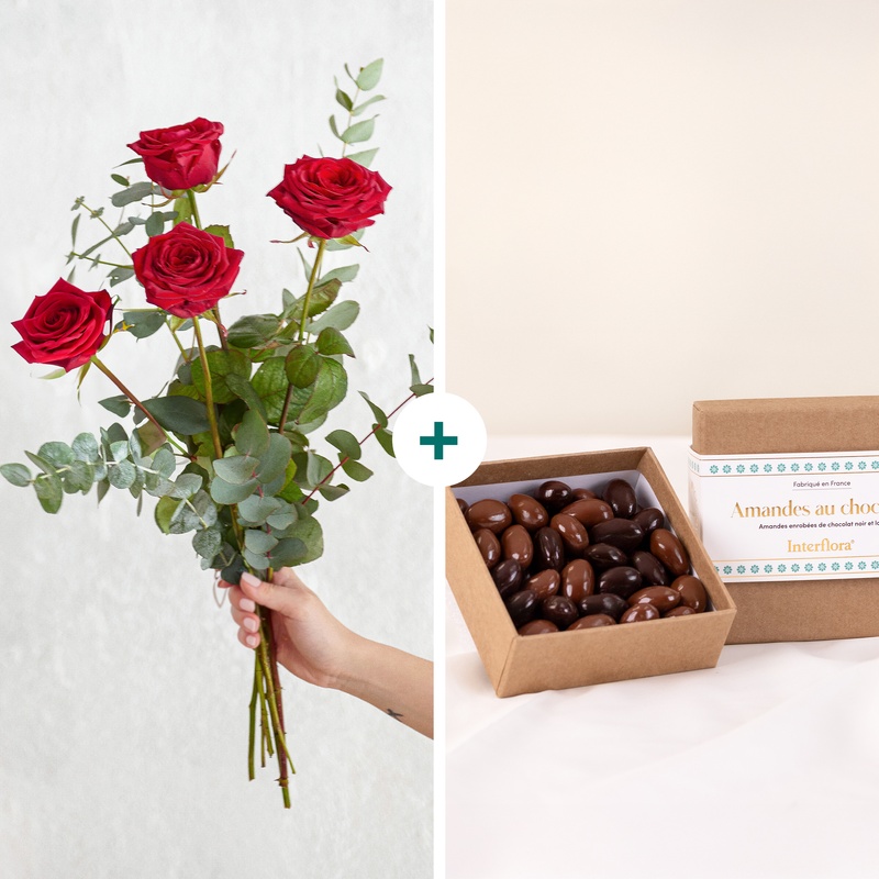 Bouquet de roses rouges avec eucalyptus et amandes au chocolat cadeau gourmand Interflora disponible sur le comparateur bloomyrama