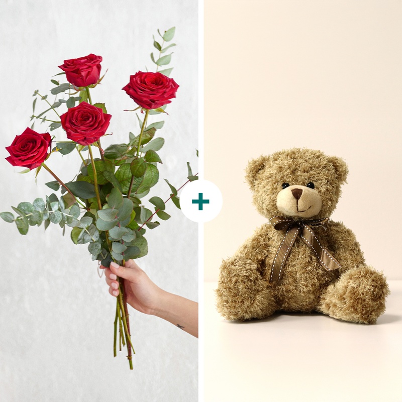Bouquet de roses rouges avec eucalyptus et ourson en peluche cadeau tendre Interflora disponible sur le comparateur bloomyrama