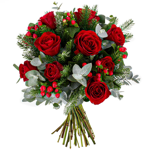 Bouquet nuit de velours avec roses rouges branches de sapin et baies décoratives Florajet disponible sur le comparateur bloomyrama