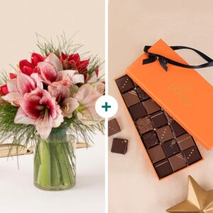 Brassée d amaryllis roses accompagnée de chocolats noirs et au lait Interflora disponible sur le comparateur bloomyrama