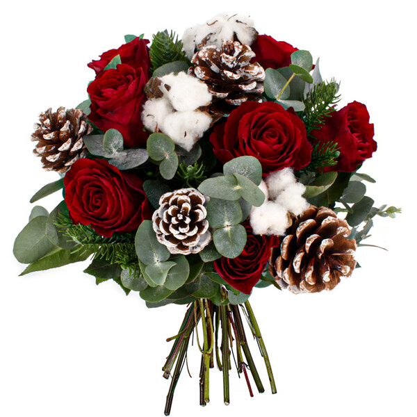 Bouquet Jardin d'Hiver avec roses rouges sapin et fleurs de coton Florajet disponible sur le comparateur bloomyrama
