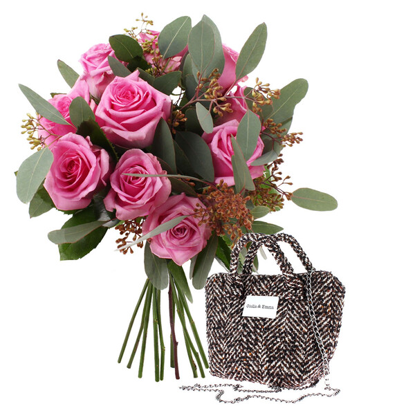 Bouquet de roses françaises Faella avec sac Mini GetE en tweed de laine disponible sur le comparateur bloomyrama