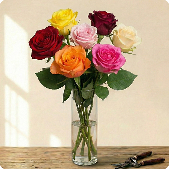 Bouquet de roses multicolores rouges jaunes roses et oranges avec feuillage 123fleurs disponible sur le comparateur bloomyrama