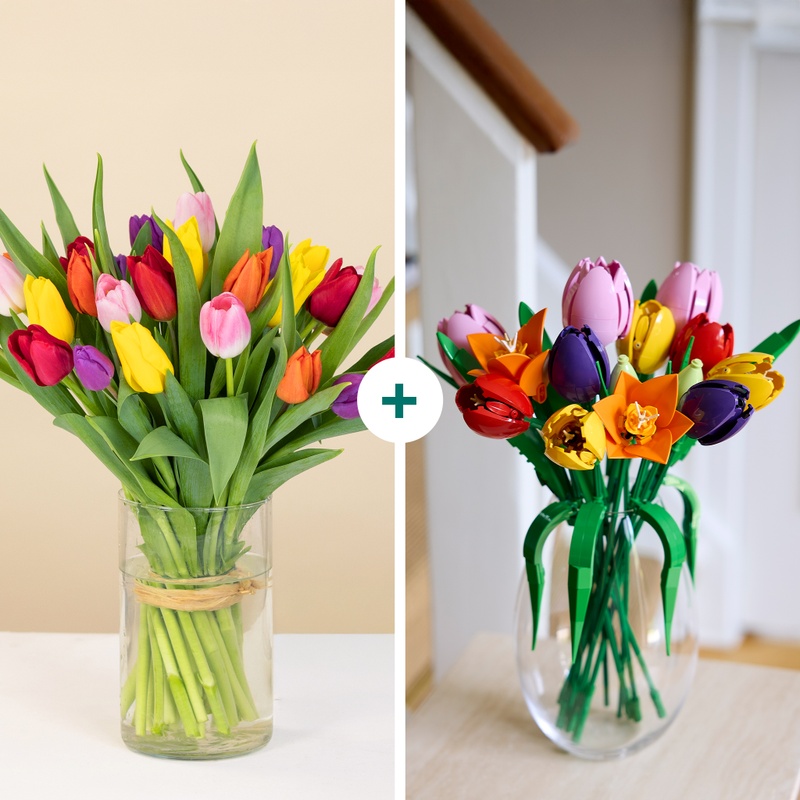 Bouquet de tulipes multicolores et bouquet de tulipes LEGO à assembler création colorée Interflora disponible sur le comparateur bloomyrama