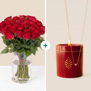 Brassée de roses rouges et bougie bijou monoï avec collier Swarovski coffret romantique Interflora disponible sur le comparateur bloomyrama