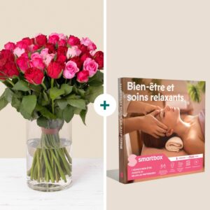 Bouquet de roses rouges avec coffret bien-être Smartbox composition élégante Interflora disponible sur le comparateur bloomyrama