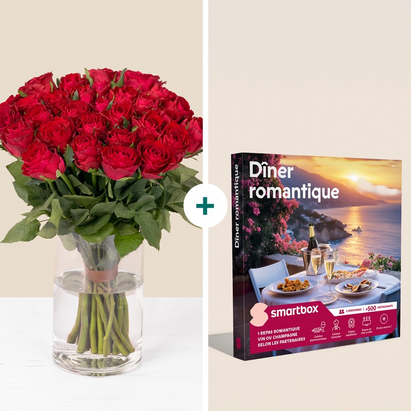 Bouquet de roses rouges avec coffret dîner romantique Smartbox Interflora disponible sur le comparateur bloomyrama