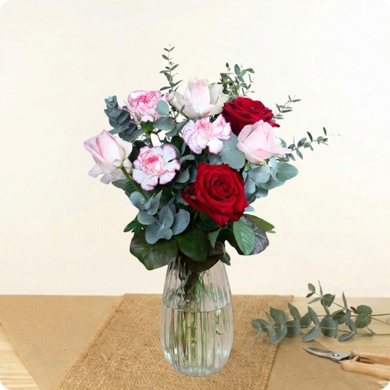 Bouquet rond de roses rouges et roses avec œillets bicolores et eucalyptus composition florale romantique réalisée par 123fleurs disponible sur le comparateur bloomyrama