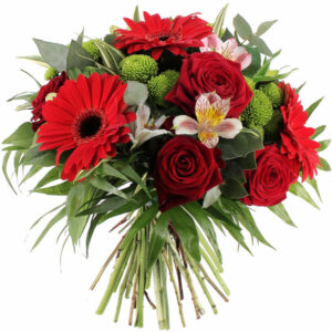 Bouquet Lutine roses alstroemérias germinis et feuillage composition florale joyeuse Florajet disponible sur le comparateur bloomyrama