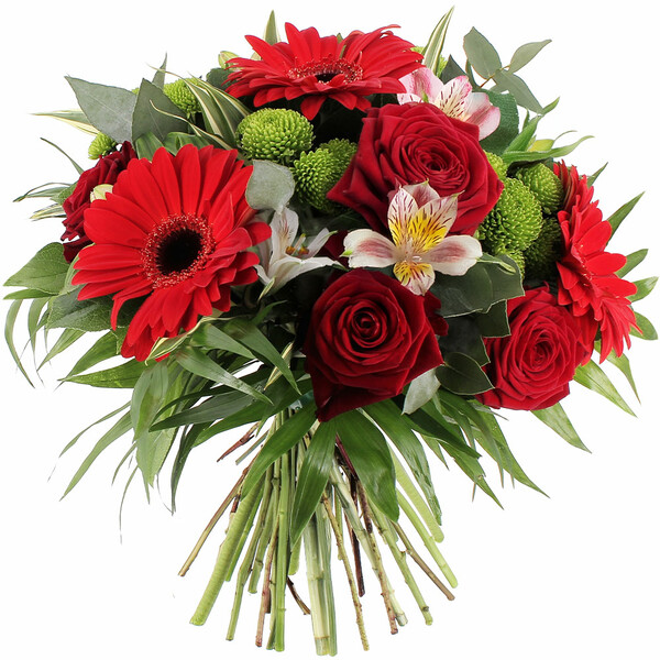Bouquet Lutine roses alstroemérias germinis et feuillage composition florale joyeuse Florajet disponible sur le comparateur bloomyrama
