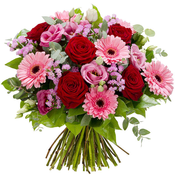 Bouquet Ornella roses rouges germinis roses et eucalyptus composition florale romantique Florajet disponible sur le comparateur bloomyrama