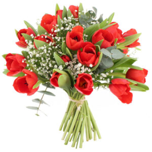 Bouquet Signature avec tulipes rouges gypsophile blanc et eucalyptus composition florale naturelle Florajet disponible sur le comparateur bloomyrama