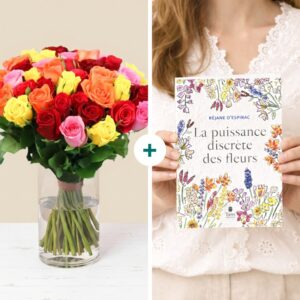 Bouquet de roses multicolores avec livre La puissance discrète des fleurs Interflora disponible sur le comparateur bloomyrama