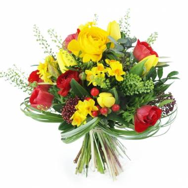 Bouquet rond serré jaune rouge jonquilles tulipes L'Agitateur floral disponible sur bloomyrama