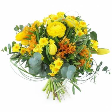 Bouquet rond jaune orange jonquilles tulipes L'Agitateur floral disponible sur bloomyrama