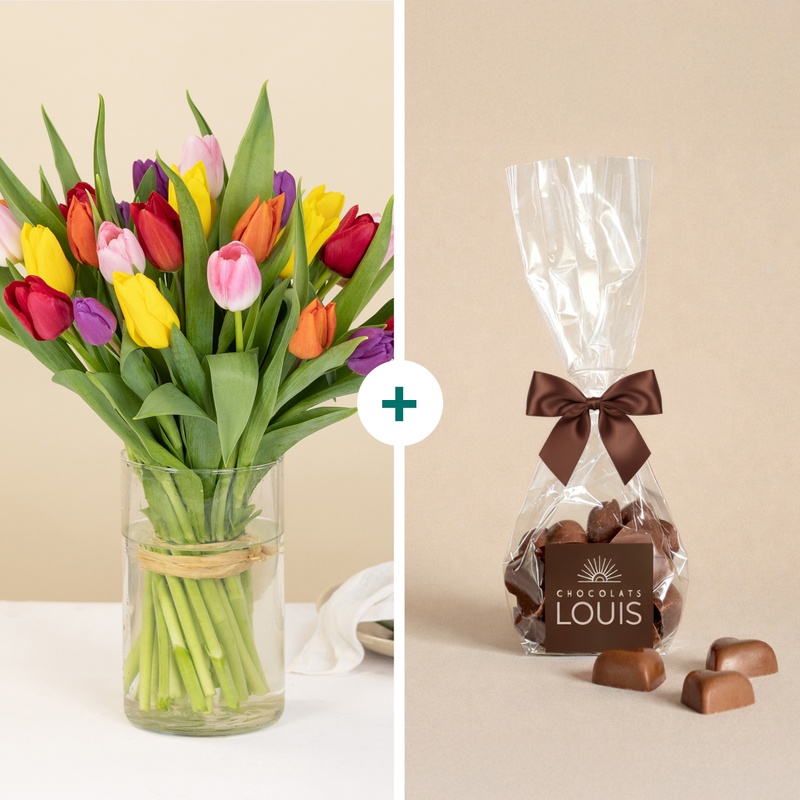 Bouquet de tulipes multicolores avec chocolats en cœur Interflora disponible sur bloomyrama