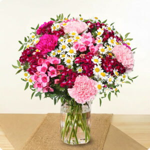 Bouquet Palette du Bonheur roses œillets dianthus blancs 123fleurs disponible sur bloomyrama
