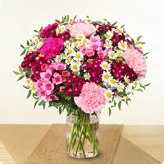 Bouquet Palette du Bonheur roses œillets dianthus blancs 123fleurs disponible sur bloomyrama