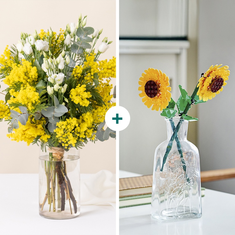 Brassée de mimosa frais associée à fleurs LEGO décoratives création florale lumineuse Interflora disponible sur le comparateur bloomyrama