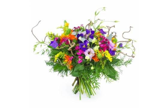 Bouquet champêtre de lisianthus oeillets et fleurettes aux couleurs vives avec branches naturelles par Naples l'Agitateur Floral disponible sur le comparateur bloomyrama