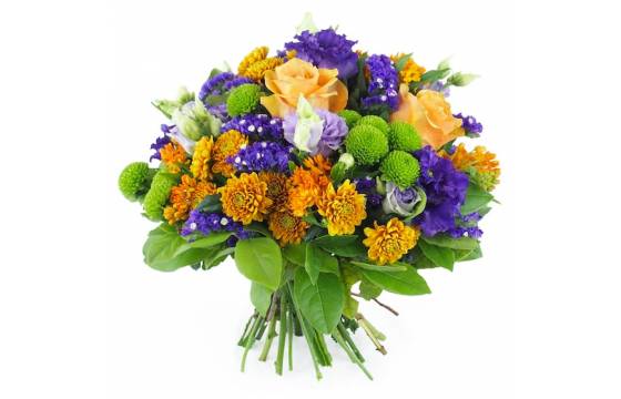 Bouquet rond orange violet vert avec roses santinis lisianthus Agitateur Floral disponible sur bloomyrama