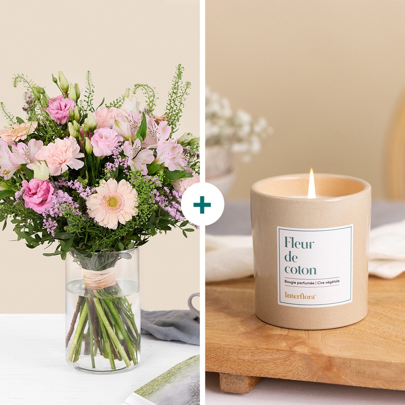 Bouquet champêtre rose pâle alstroemeria et thlaspi avec bougie parfumée Fleur de Coton Interflora disponible sur le comparateur bloomyrama