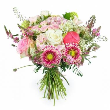 Bouquet rose et blanc avec roses germini lisianthus et feuillage champetre l Agitateur Floral disponible sur bloomyrama
