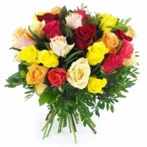 Bouquet rond de roses colorées avec feuillage élégant l Agitateur floral disponible sur le comparateur bloomyrama