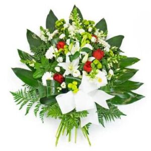 gerbe de deuil rouge et blanche avec roses lys gerberas et ruban blanc Agitateur Floral disponible sur bloomyrama