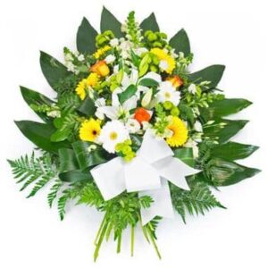 gerbe de deuil jaune orange blanche avec roses lys gerberas ruban blanc Agitateur Floral disponible sur bloomyrama