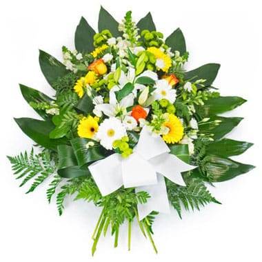 gerbe de deuil jaune orange blanche avec roses lys gerberas ruban blanc Agitateur Floral disponible sur bloomyrama